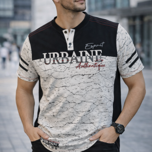 2026 URBAINE Authentic men’s graphic casual t-shirt in grey, charcoal, and red color block street style design