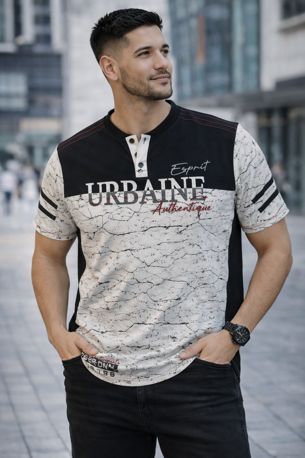2026 URBAINE Men’s Street Graphic T-Shirt 2026 URBAINE Authentic men’s graphic casual t-shirt in grey, charcoal, and red color block street style design
