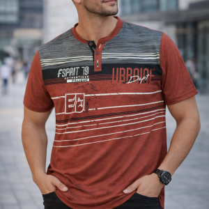 Urban Dept men’s striped t-shirt 2026 in rust, charcoal and navy graphic half sleeve design