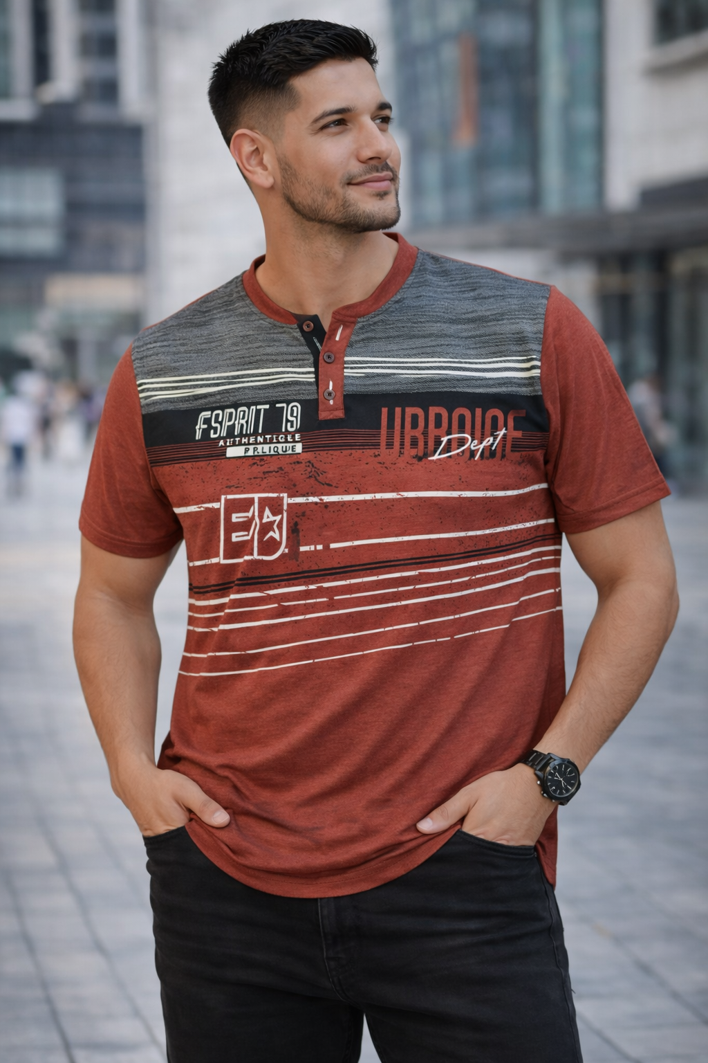 Urban Dept Men’s Striped T-Shirt 2026 Urban Dept men’s striped t-shirt 2026 in rust, charcoal and navy graphic half sleeve design