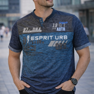 Esprit Urban men’s graphic t-shirt 2026 in navy blue color block design with printed typography and half sleeve style