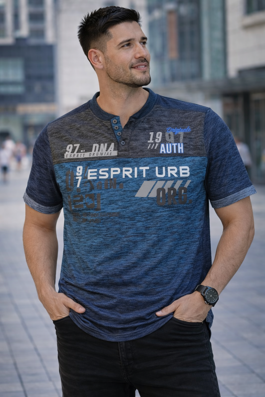 Esprit Urban Men’s Graphic T-Shirt 2026 Esprit Urban men’s graphic t-shirt 2026 in navy blue color block design with printed typography and half sleeve style