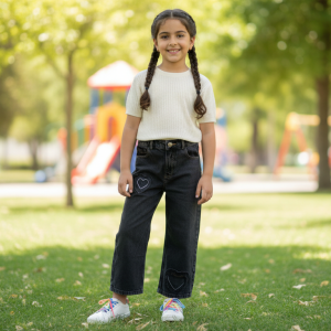 Stylish Girl’s Denim Pant for Kids 2026 with heart and star design comfortable casual wear