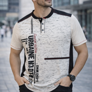 2026 Urban Motion graphic men’s casual t-shirt with modern street style print in beige and black color block design