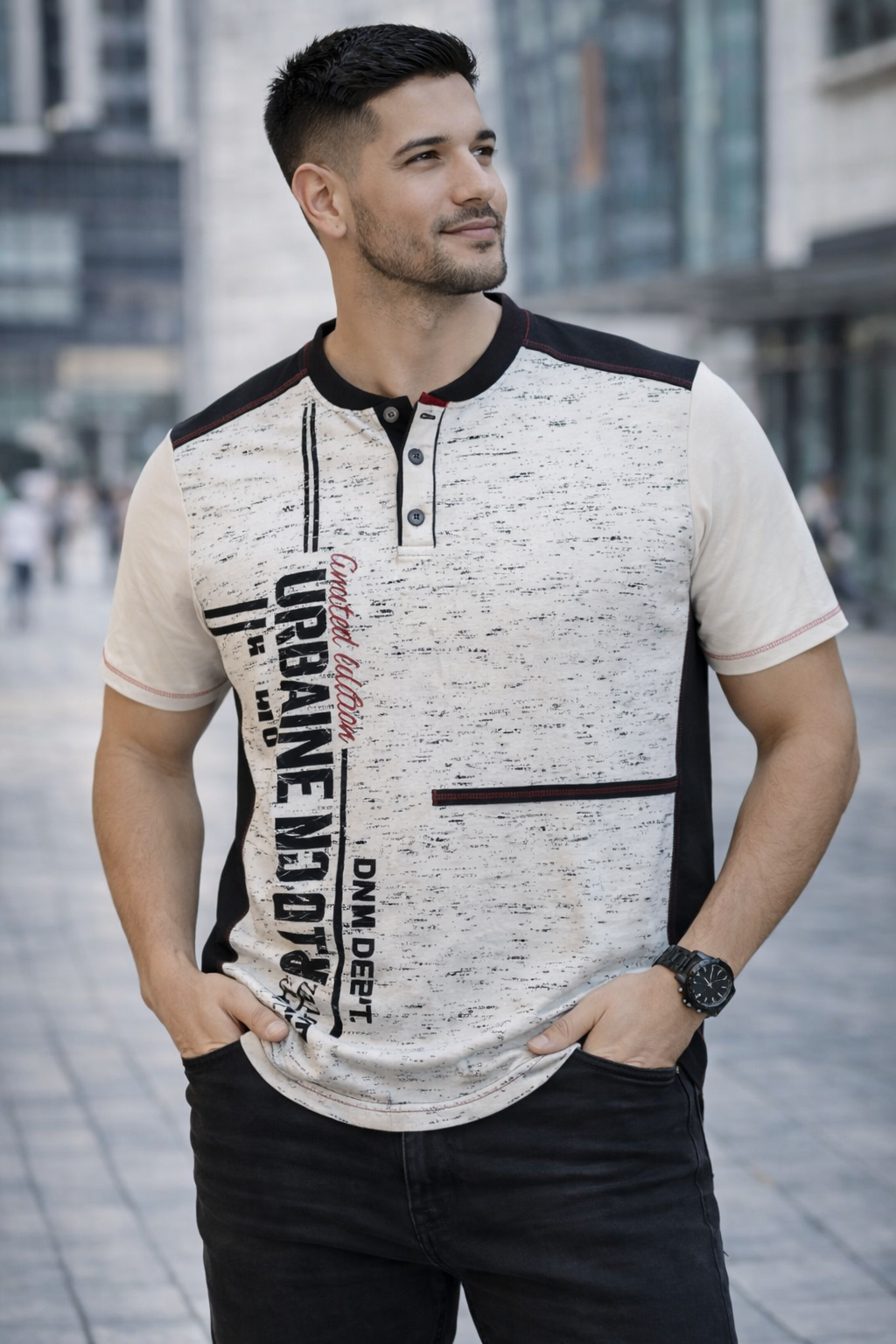 2026 Urban Motion Graphic Men’s Casual T-Shirt – Modern Street Style Printed Half Sleeve Tee 2026 Urban Motion graphic men’s casual t-shirt with modern street style print in beige and black color block design