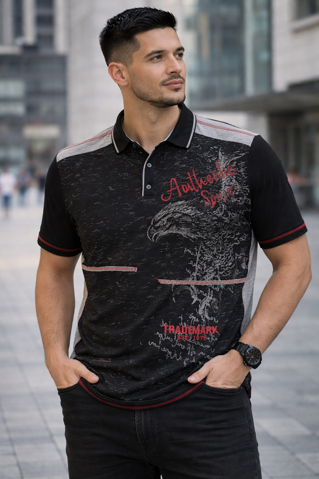 Men’s Black Printed Polo T-Shirt 2026 – Premium Casual Stylish Wear Man wearing stylish black printed polo t-shirt 2026 casual fashion outfit