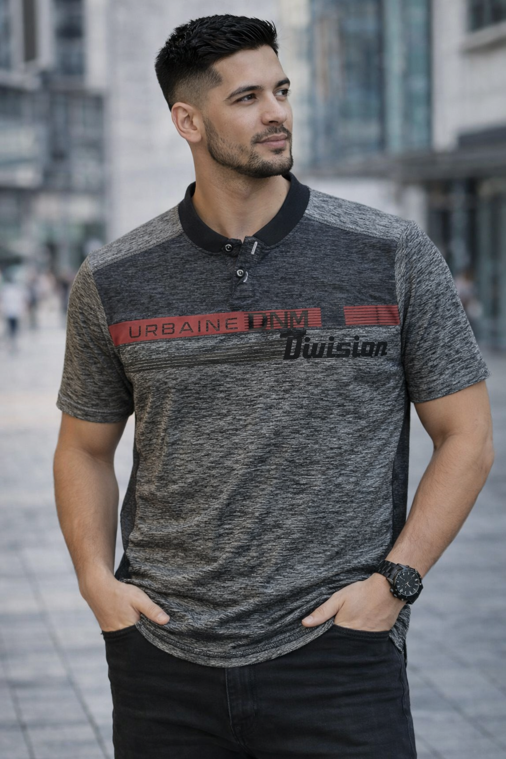 Men’s Grey Printed Polo T-Shirt 2026 – Premium Casual Smart Fit Man wearing stylish grey printed polo t-shirt 2026 casual modern outfit