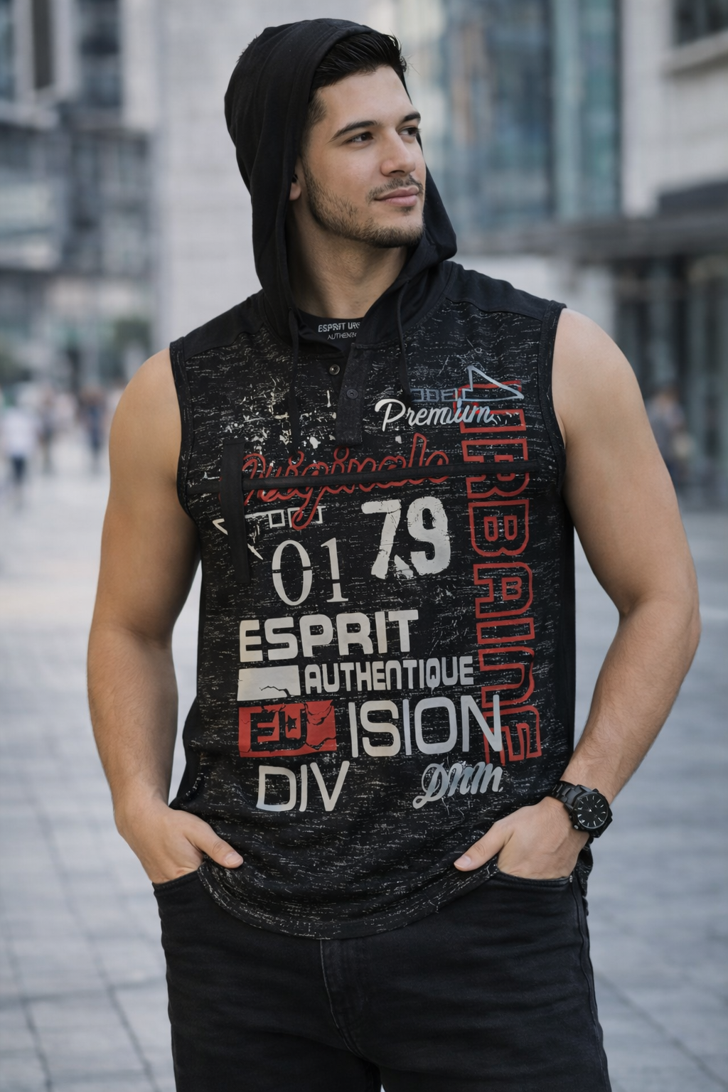 Men’s Black Sleeveless Hoodie T-Shirt 2026 – Premium Street Style Casual Wear Man wearing black sleeveless hoodie t-shirt 2026 modern streetwear casual fashion