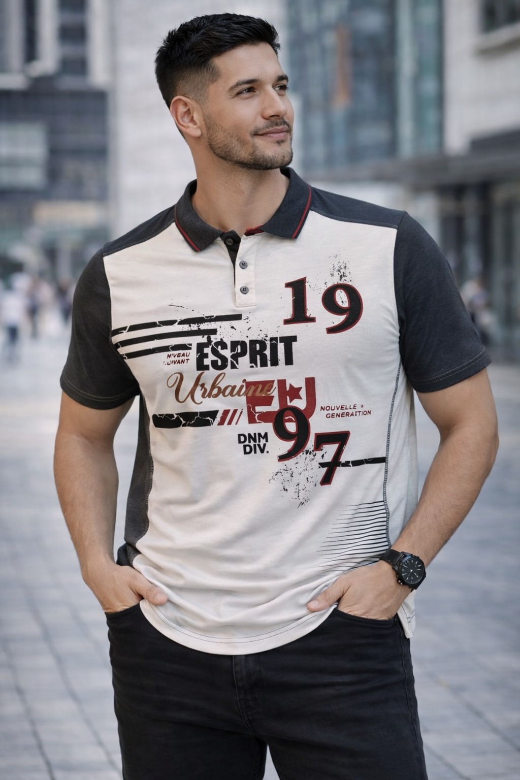 Men’s Urban Graphic Polo Shirt – Premium Casual Street Style Collection Model wearing Men’s Urban Graphic Polo Shirt in stylish street background with modern printed design and contrast sleeves.